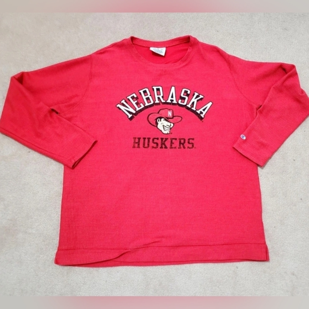 Champion Nebraska Huskers Red Long Sleeve Waffle Knit Shirt Women’s Size Medium - Picture 3 of 9